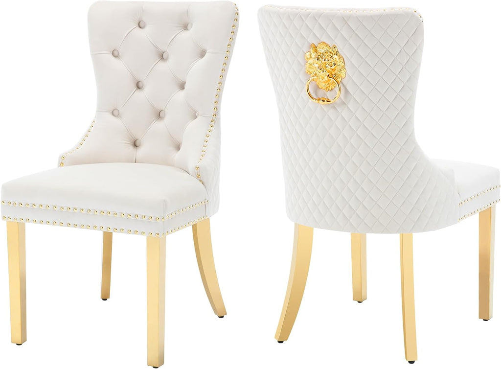 civama Dining Chairs Set of 2, Elegant Luxury Velvet Tufted Dining Chairs Golden Legs & Nailhead Trim, Back Lion Head Pull Ring & Rhomboid Pattern, Nikki Collection Armless Kitchen Chair, Beige