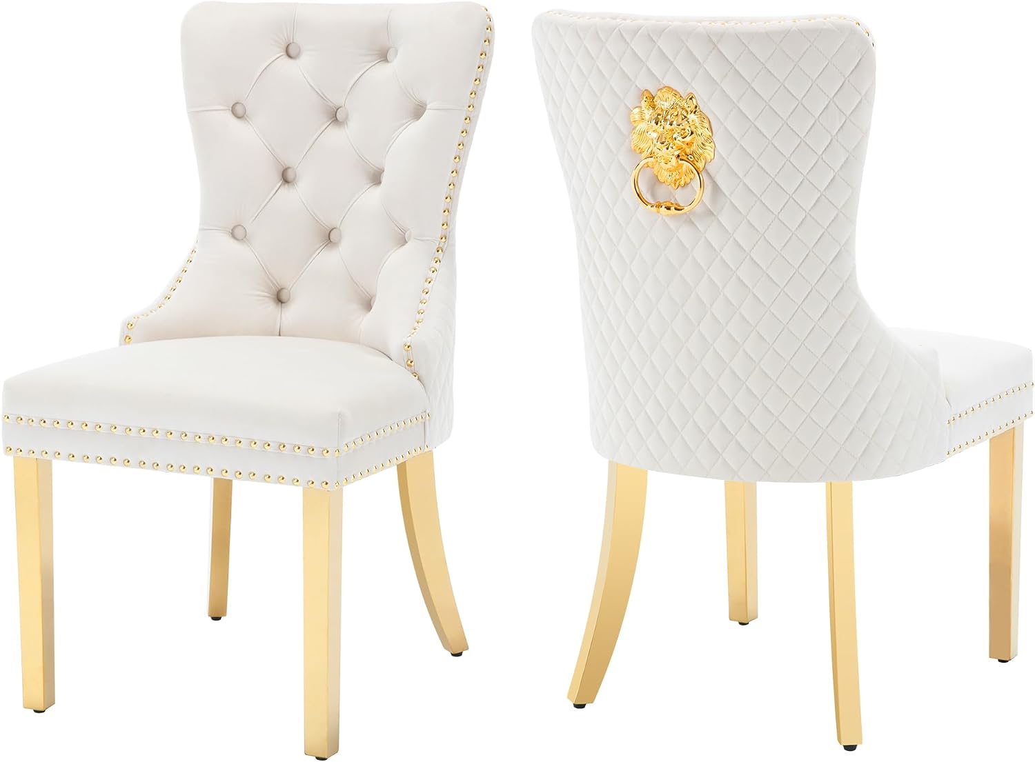 civama Dining Chairs Set of 2, Elegant Luxury Velvet Tufted Dining Chairs Golden Legs & Nailhead Trim, Back Lion Head Pull Ring & Rhomboid Pattern, Nikki Collection Armless Kitchen Chair, Beige