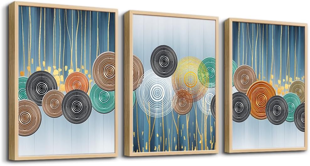Natural Wood Framed Art Set - Boho & Abstract Styles, Perfect for Living Room, Bedroom, Office - 3 Large Size Prints