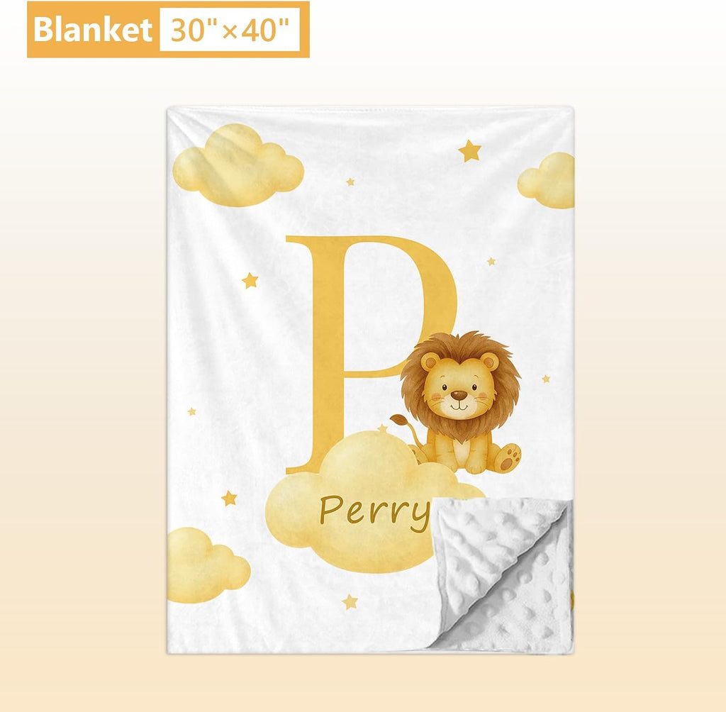 Terwex 5 Piece Customized Crib Bedding Set for Boys & Girl- Custom Name Baby Crib Yellow Lion Nursery Bedding Set with Fitted Sheet, Soft Blanket, Rug, Personalized Gifts for Newborn Infant Toddler