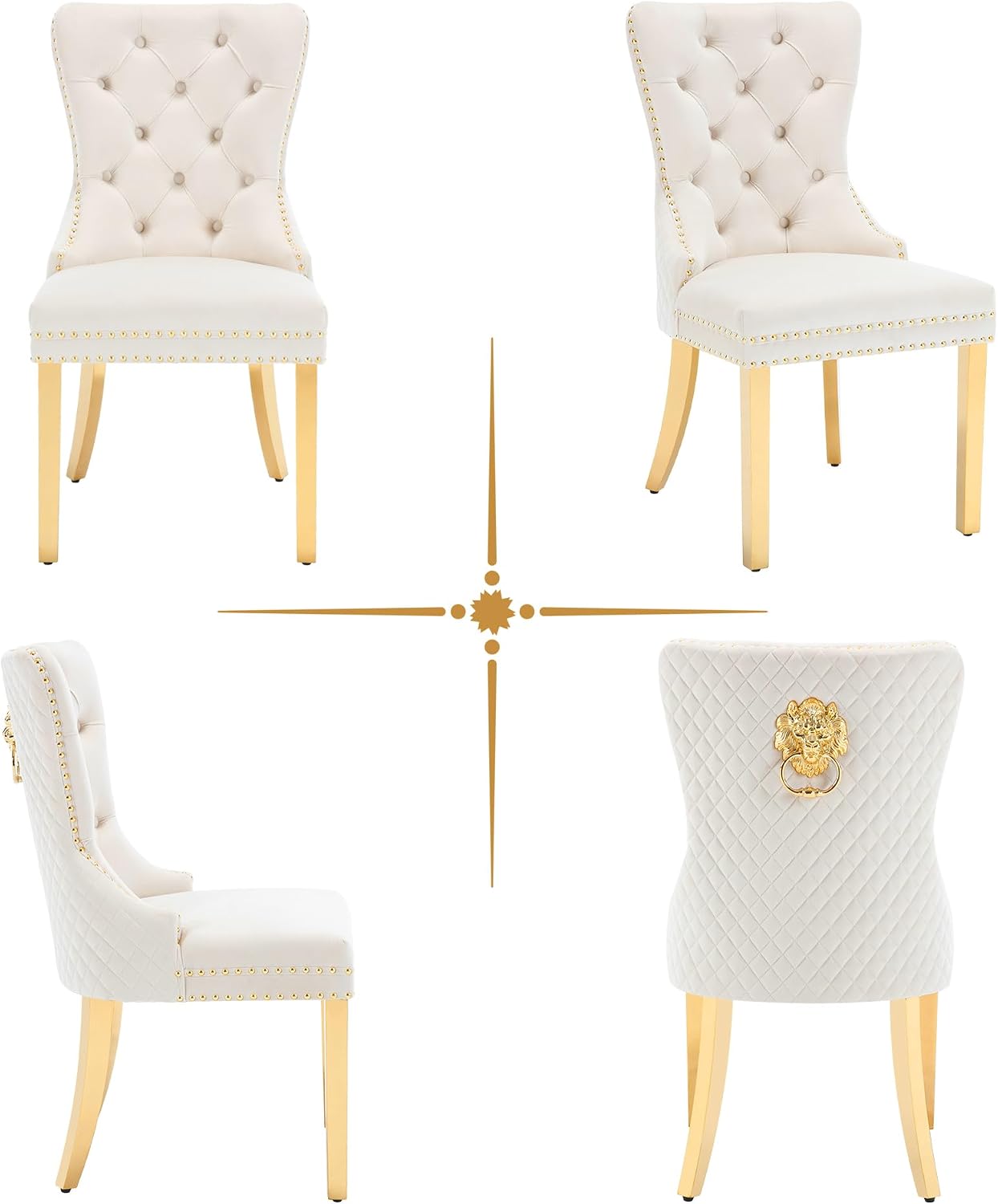 civama Dining Chairs Set of 2, Elegant Luxury Velvet Tufted Dining Chairs Golden Legs & Nailhead Trim, Back Lion Head Pull Ring & Rhomboid Pattern, Nikki Collection Armless Kitchen Chair, Beige