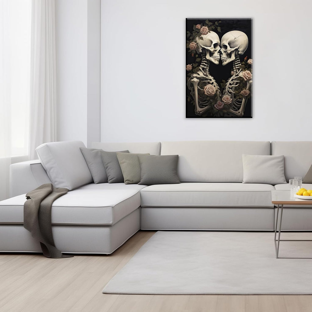 OAAPITI Vintage Skeleton Canvas Wall Art Gothic Painting Artwork Retro Rose Skull Art Poster Abstract Romantic Theme Picture Halloween Living Room Decor(Artwork-4,28'x42')