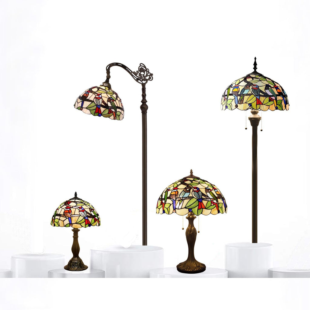 WERFACTORY Tiffany Table Lamp Colorful Stained Glass Birds Bedside Lamp 16X16X24 Inches Desk Reading Light Metal Base Decor Bedroom Living Room Home Office S805 Series