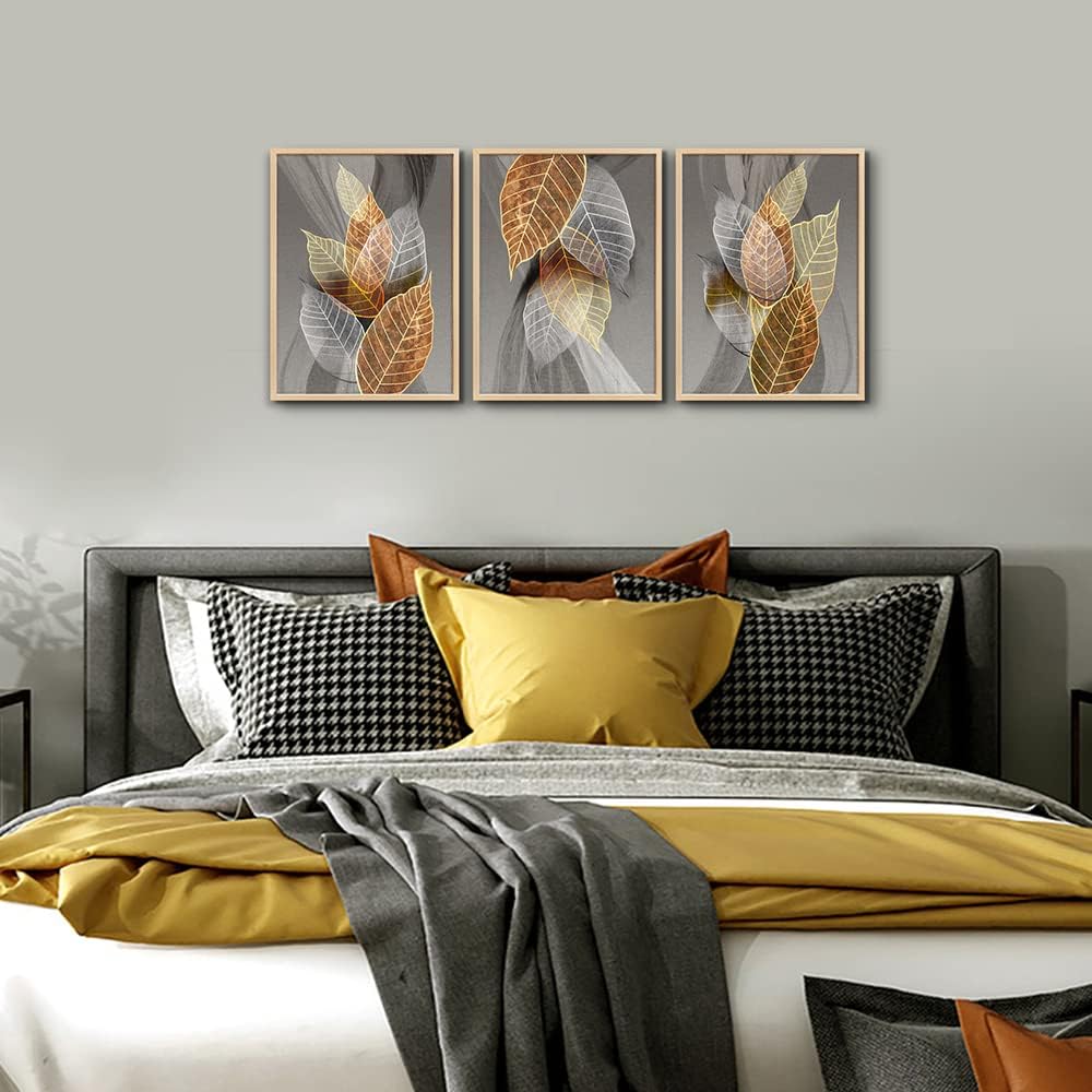 Natural Wood Framed Wall Art For Living Room Large Size Wall Decorations For Bedroom Office Wall Decor Abstract Leaves Painting Framed Wall Pictures Artwork Kitchen Home Decor of 3 Piece Art Prints