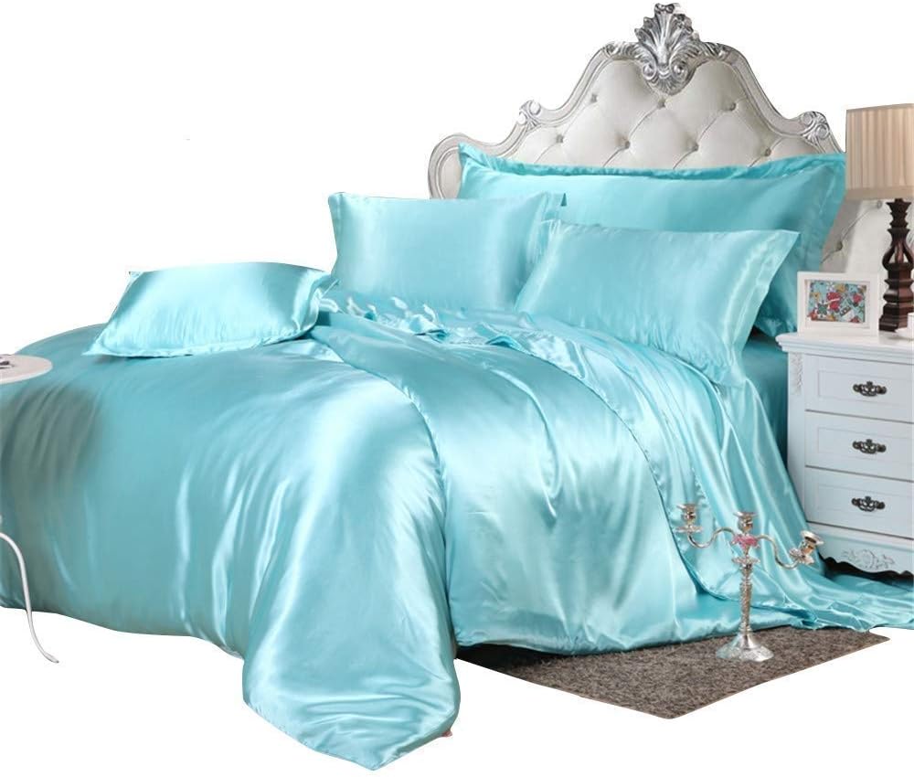 100% Pure Silk Satin Sheet Set 7pcs, Silk Fitted Sheet 15'' Deep Pocket,Silk Flat Sheet,Silk Duvet Cover & Pillowcases Set !!! Twin, Aqua Blue