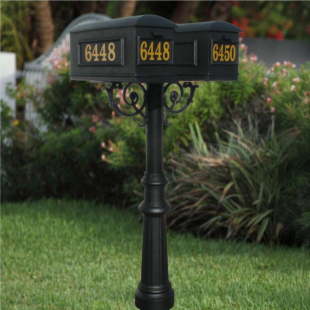 The Hanford Cast Aluminum Twin Mailbox Post System with Fluted Base, 2 Lewiston Mailboxes, Mounting Brackets and Scroll Supports, Ships in 2 boxes