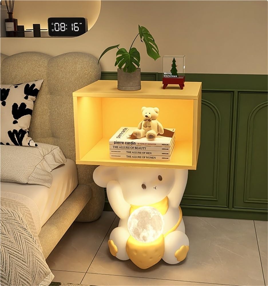 Decorative Bedside Table with Moon Lamp, Cute Nightstand with USB Charging, 3-Colour Adjustable Lighting, Small End Table with Open Storage Shelf(Purple)