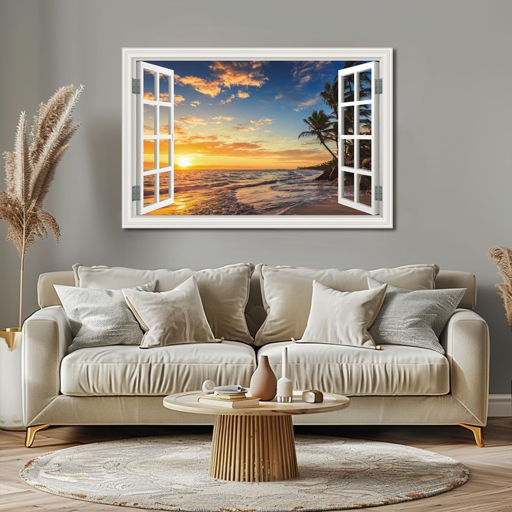 Ocean Canvas Wall Art Decor for Living Room Large Beach Pictures for Bedroom Window Frame Style Sunset Art Prints Seascape Artwork for Home Office Decorations (32 x 48 inch)