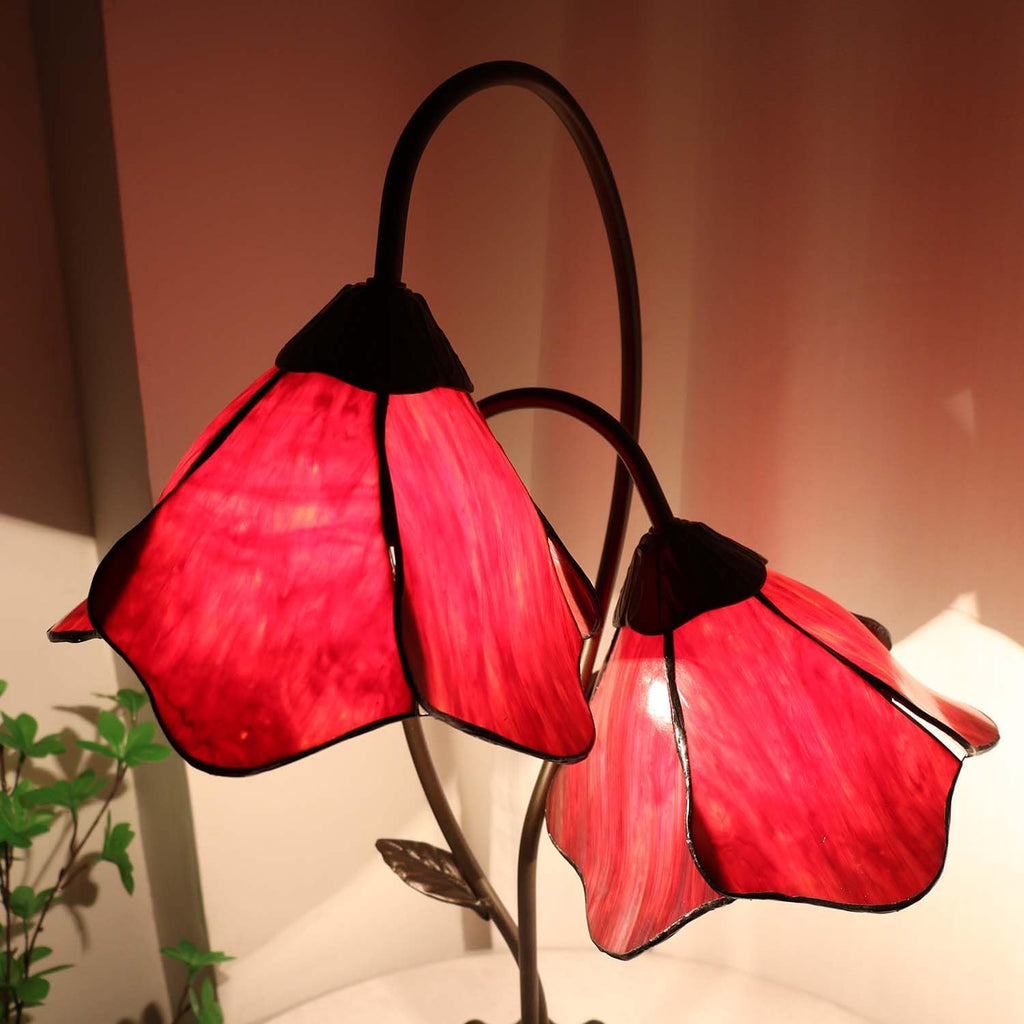 Bieye L12019 Flower Tiffany Style Stained Glass Table Lamp with 8-inch Wide Bent Glass Lampshade Lily Pad Base (Red, 2-Light)