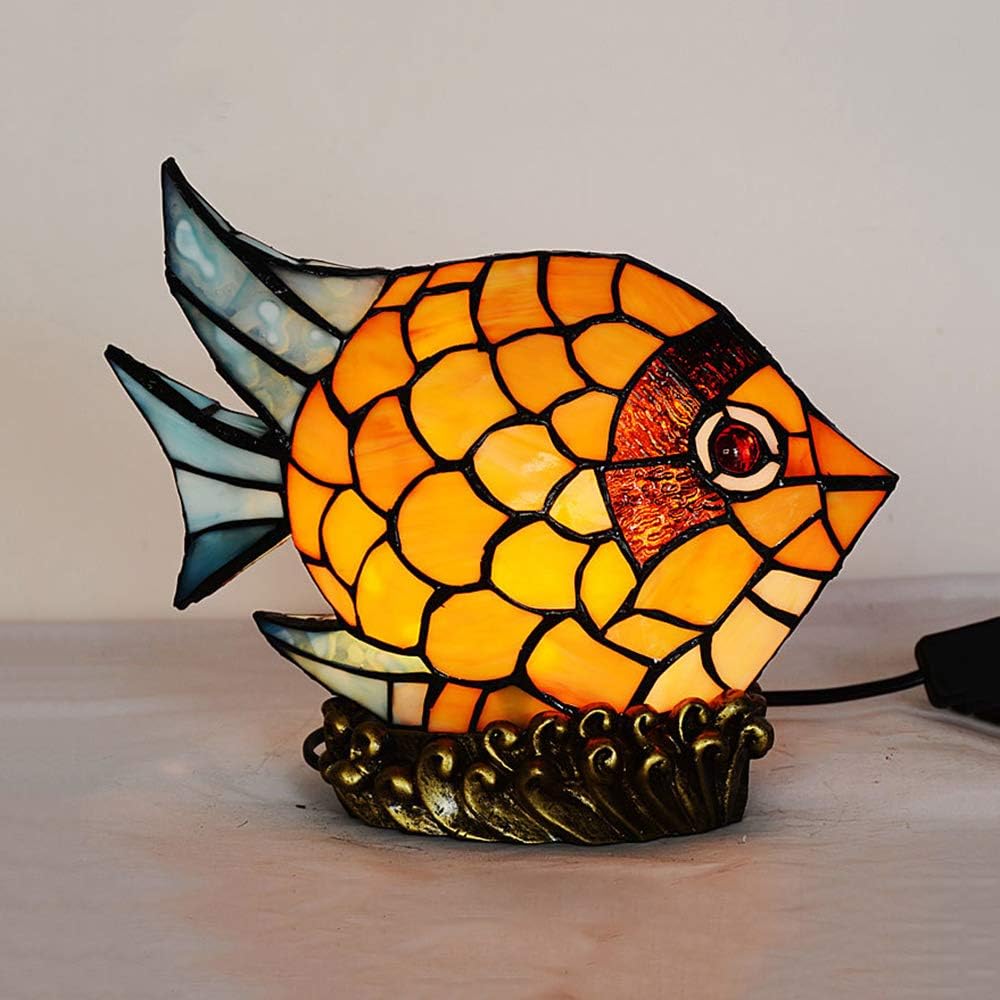 Lighting Fish Desk Light Tiffany 15W Plug in Table Lamp 1 Light Cute Stained Glass Animals Night Light in Yellow for Girls Bedroom Kid's Room