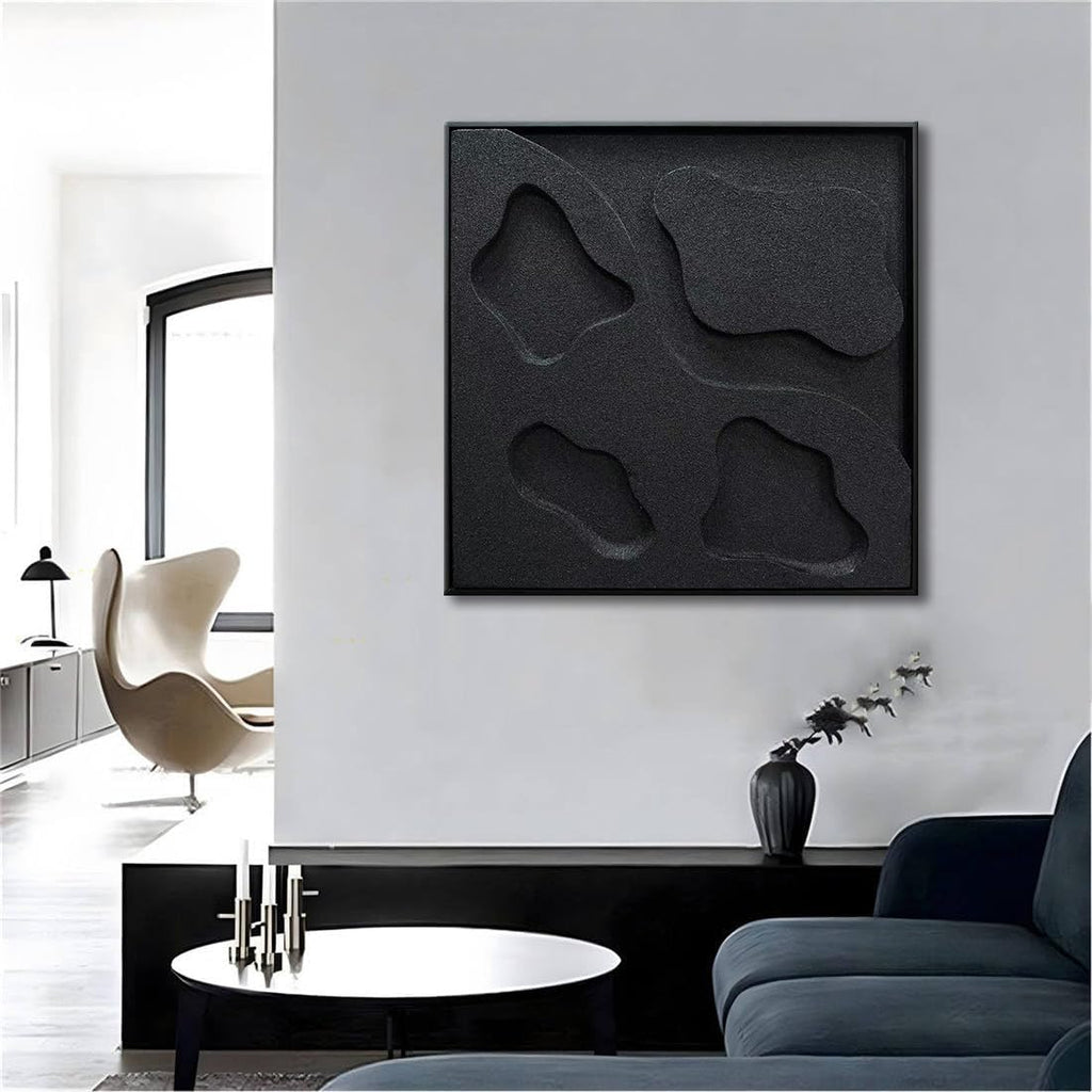 Slyart Black Textured Wall Art, Handmade Abstract 3D Minimalist Plaster Paintings, Wabi-Sabi Wall Art 24x24 Inch