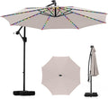 Tangkula 10 FT Solar Patio Umbrella with Base Included, Cantilever Offset Hanging Outdoor Umbrella with 96 Multi-Colored Flowing LED Lights, 9 Modes, Tilt Adjustment, 360° Rotation, Crank for Pool Yard Deck Lawn (Beige)