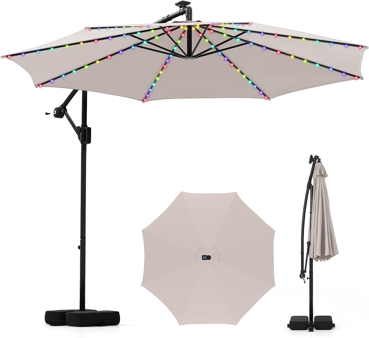 Tangkula 10 FT Solar Patio Umbrella with Base Included, Cantilever Offset Hanging Outdoor Umbrella with 96 Multi-Colored Flowing LED Lights, 9 Modes, Tilt Adjustment, 360° Rotation, Crank for Pool Yard Deck Lawn (Beige)