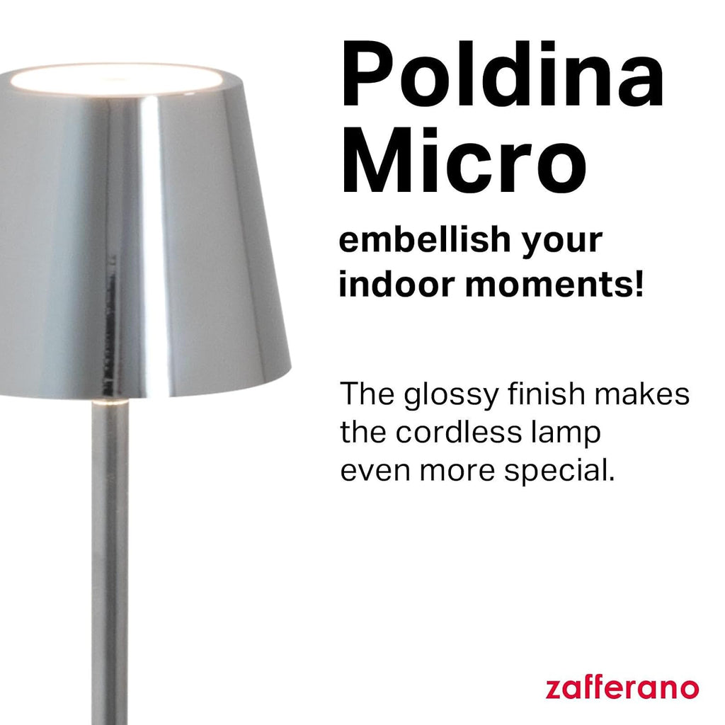 Zafferano, Poldina Micro Lamp with Glossy Chrome Finish, Rechargeable Cordless Table Lamp with Touch Controls, Usable as an Indoor Lamp, Dimmer, 2200-3000 K, Height 10.8 Inches