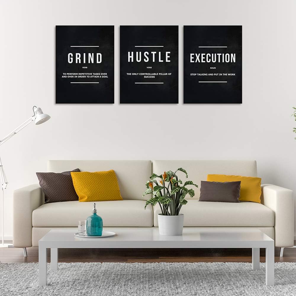Motivational Office Wall Decor Inspirational Success Canvas Wall Art Hustle Posters Prints Entrepreneur Quote Wall Picture Paintings 3 Pieces Artwork Home Bedroom Framed Easy to Hang(72'Wx36'H)