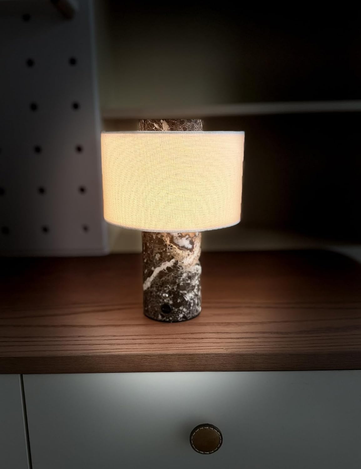 BSOD Marble Lamp, Stone Table Lamps Collection - Modern Cylindrical Lampshade Cordless Luxury Design Bedside Lamp for Home Decor, Bedroom, Living Room & Office (Plug-in Emperador Dark Lamp)