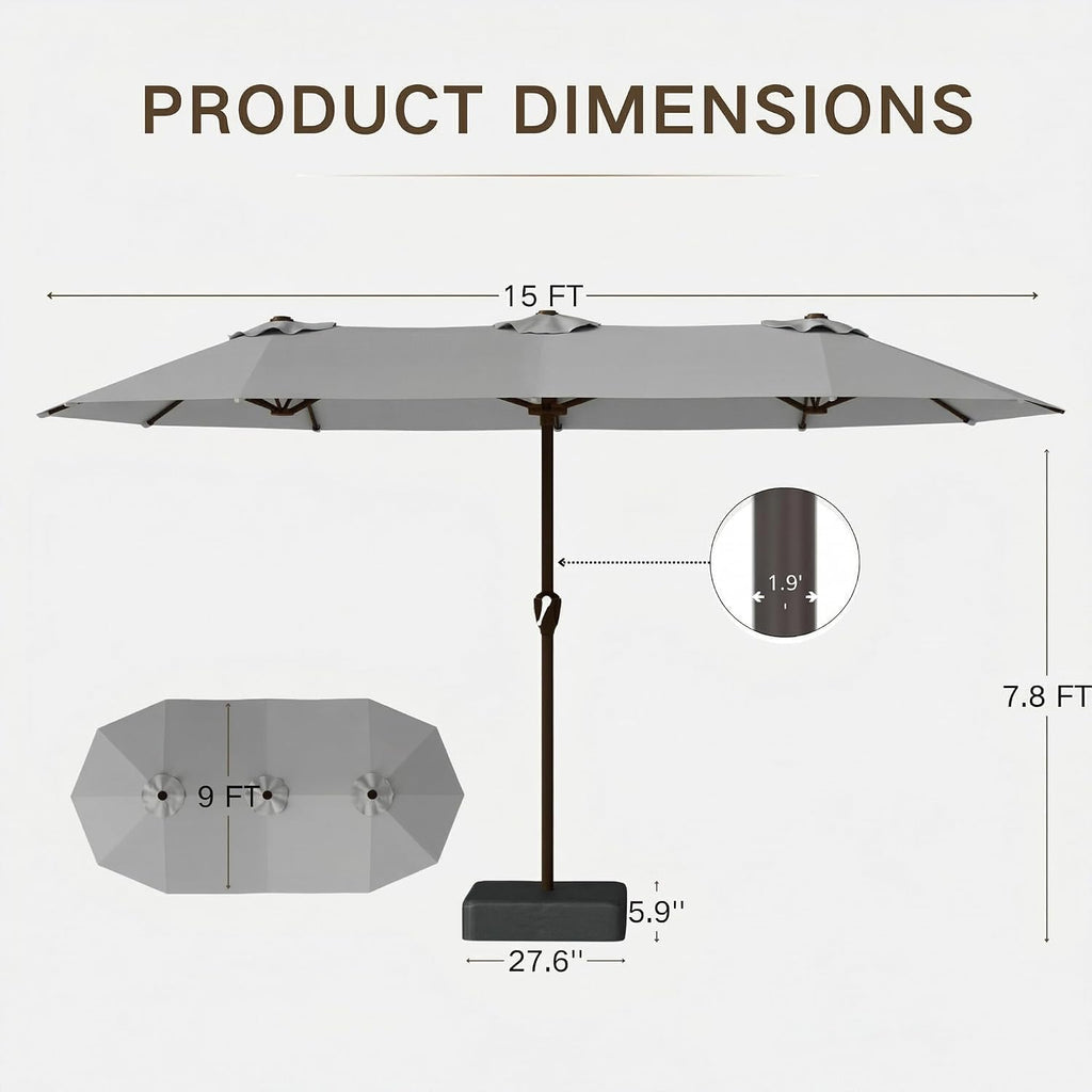 Kingdura 15ft Large Patio Umbrella with Base Included, Double-Sided Rectangle Outdoor Table Umbrella with 12 Reinforced Ribs, Crank Lift for Market Pool Deck Backyard, Light grey
