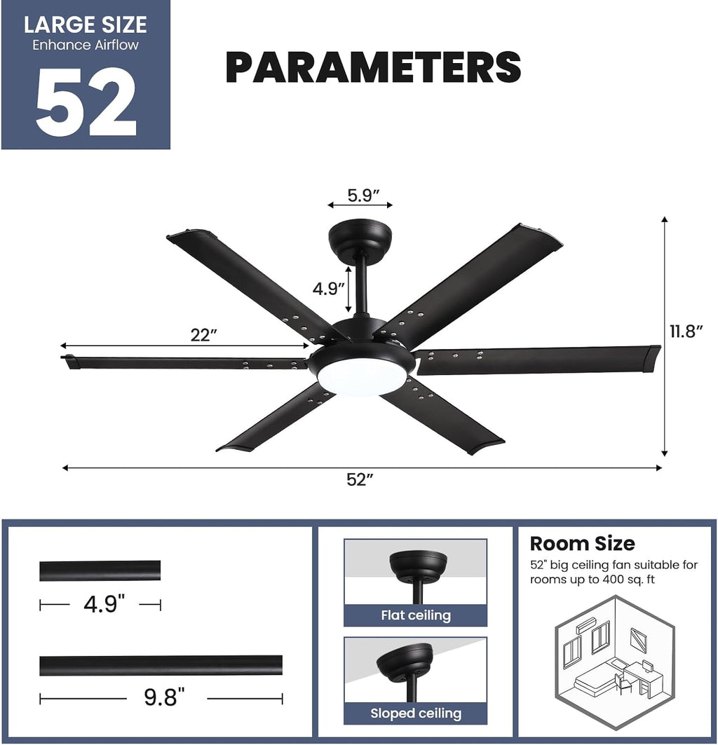52 Inch Modern Ceiling Fan with Lights & Remote Control, 3CCT, Black Industrial Ceiling Fan, Aluminum Fandelier Dimmable, Reversible 6 Speed Quiet for Living Room Patio Bedroom Dining Room