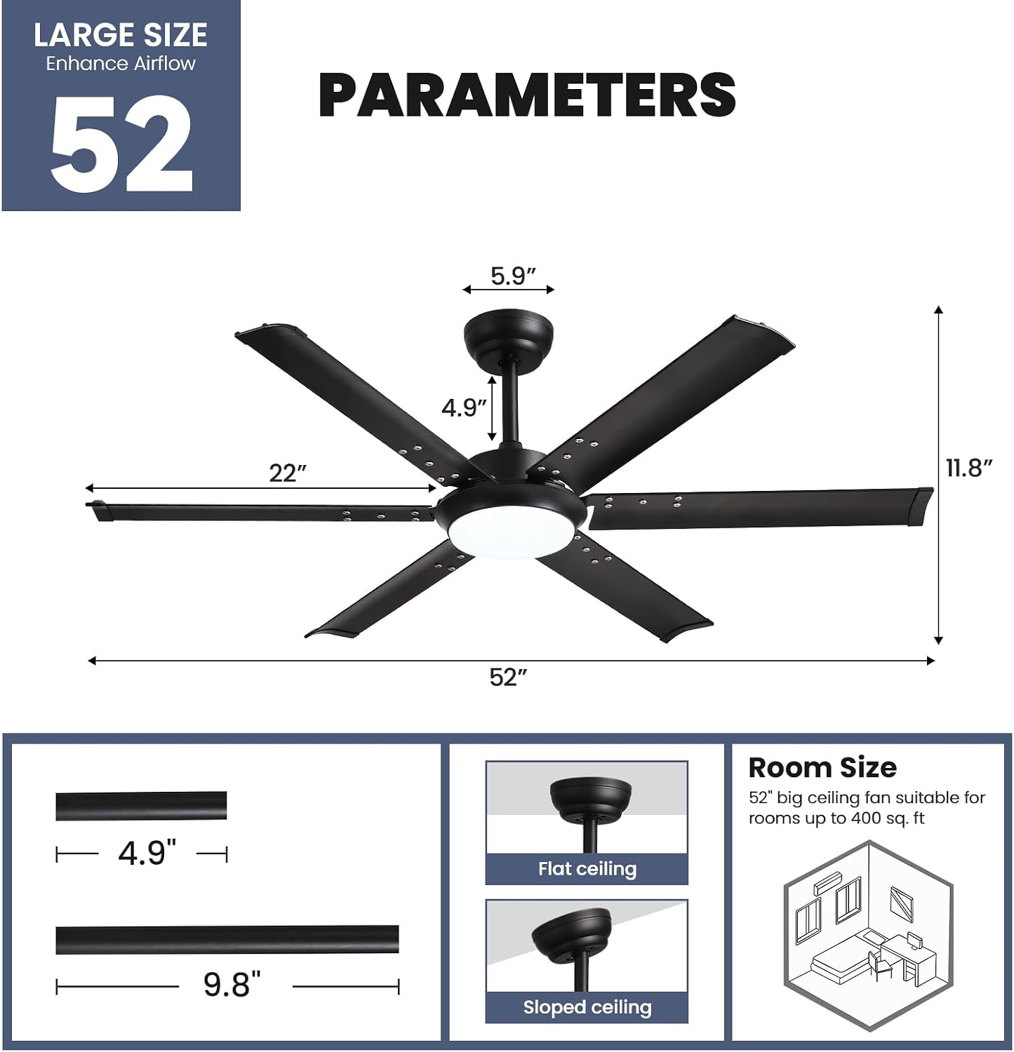 52 Inch Modern Ceiling Fan with Lights & Remote Control, 3CCT, Black Industrial Ceiling Fan, Aluminum Fandelier Dimmable, Reversible 6 Speed Quiet for Living Room Patio Bedroom Dining Room