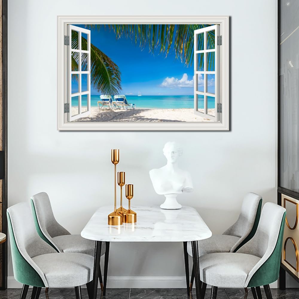 Ocean Wall Art Decor for Living Room Large Beach Canvas Picture for Wall Window Frame Style Palm Tree Artwork Coastal Art Print for Bedroom Blue Seascape Painting for Homen Office decoration, Ready to
