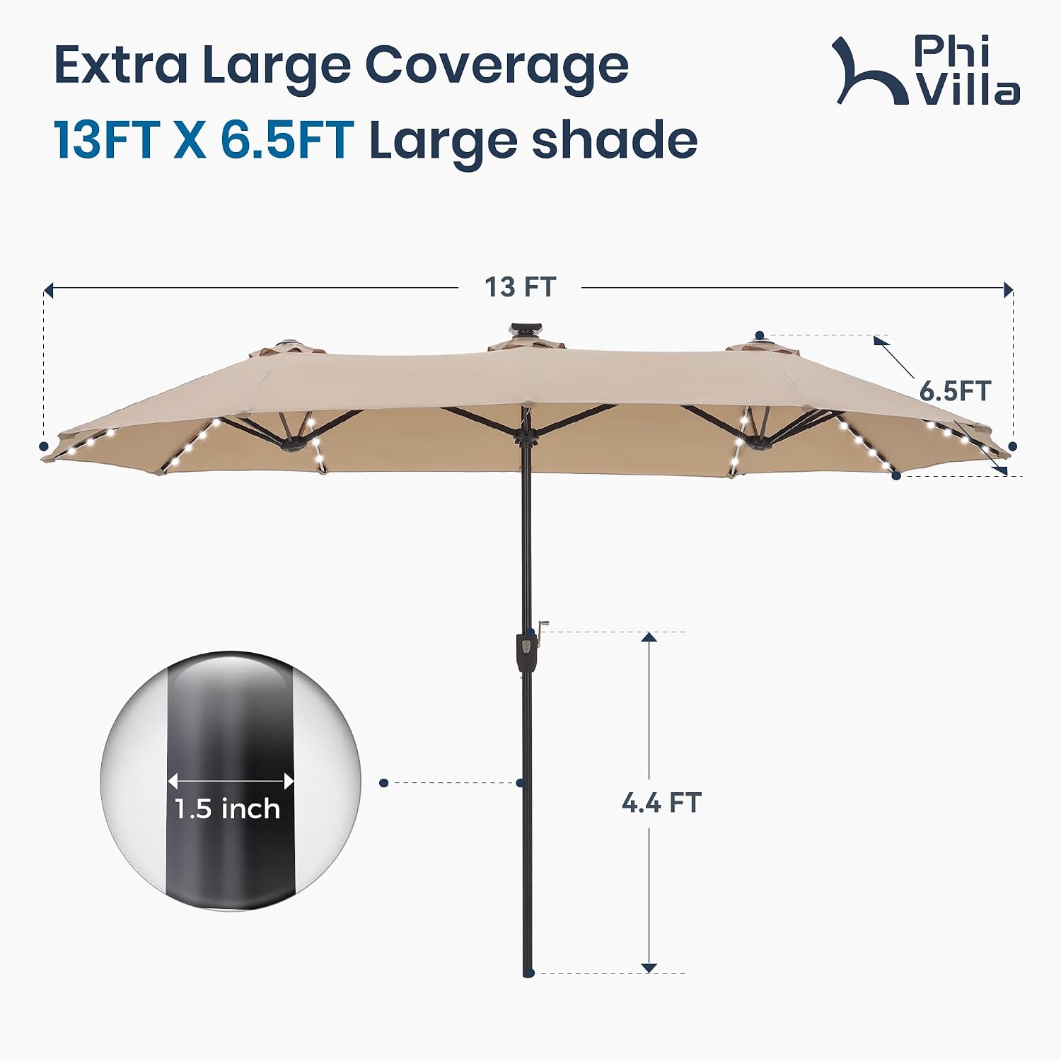 PHI VILLA 13ft Patio Umbrella with Solar-Powered 120 PCS LED Color-Changing Lights, Triple-Head Large Rectangle Umbrella Outdoor Patio for Table with Crank Lift,Beige(No Base)