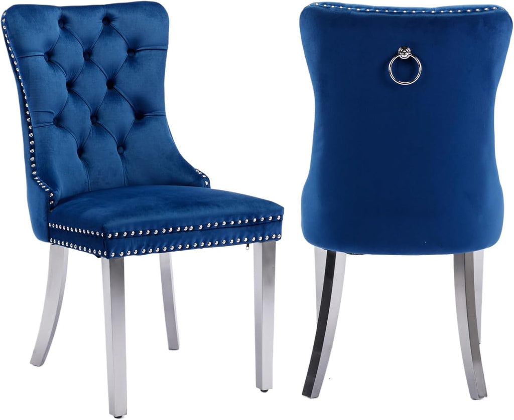 2 Piece Contemporary Velvet Upholstered Dining Chair with Chrome Stainless Steel Plating Legs, Nail Head Decro, Armless Tufted Dining Chair Fabric Dining Room Chair (Blue&Silver, Set of 2)