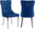 2 Piece Contemporary Velvet Upholstered Dining Chair with Chrome Stainless Steel Plating Legs, Nail Head Decro, Armless Tufted Dining Chair Fabric Dining Room Chair (Blue&Silver, Set of 2)