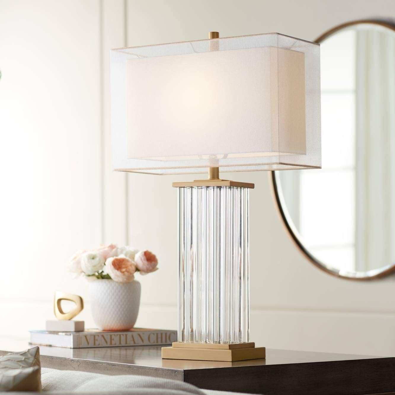 Vienna Full Spectrum Darcia Modern Luxury Table Lamp 29' Tall Clear Crystal Glass Column Sheer Outer White Linen Rectangular Shade for Bedroom Living Room House Home Bedside Nightstand Office Family