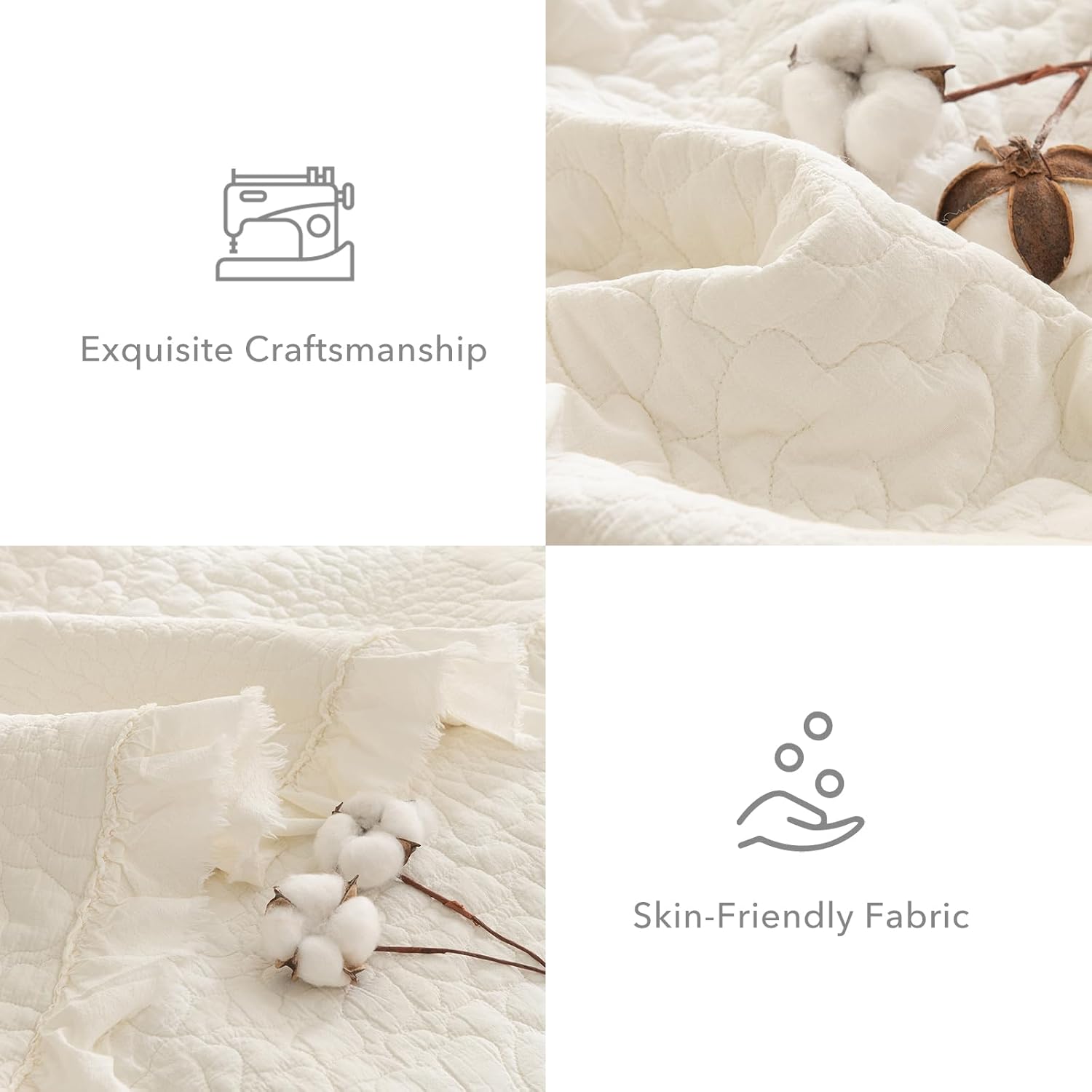 QSH 3PCs Stonewashed Cotton Quilt King (110'x98'),Milk White Ruffled Quilt King Size Bedding Set,Ultra Lightweight Soft Crinkle Bedspread Coverlet King Shabby Farmhouse Chic Bedspreads for All Seasons