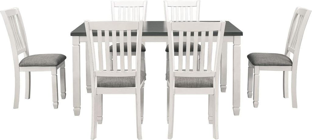 Neoclassical Solid Wood Dining Table Set of 7, Kitchen Dining Room Table Set, 60' Rectangle Dining Room Table with 6 Upholstered Chairs and Shaped Legs, Family Dining Kitchen Set for 6