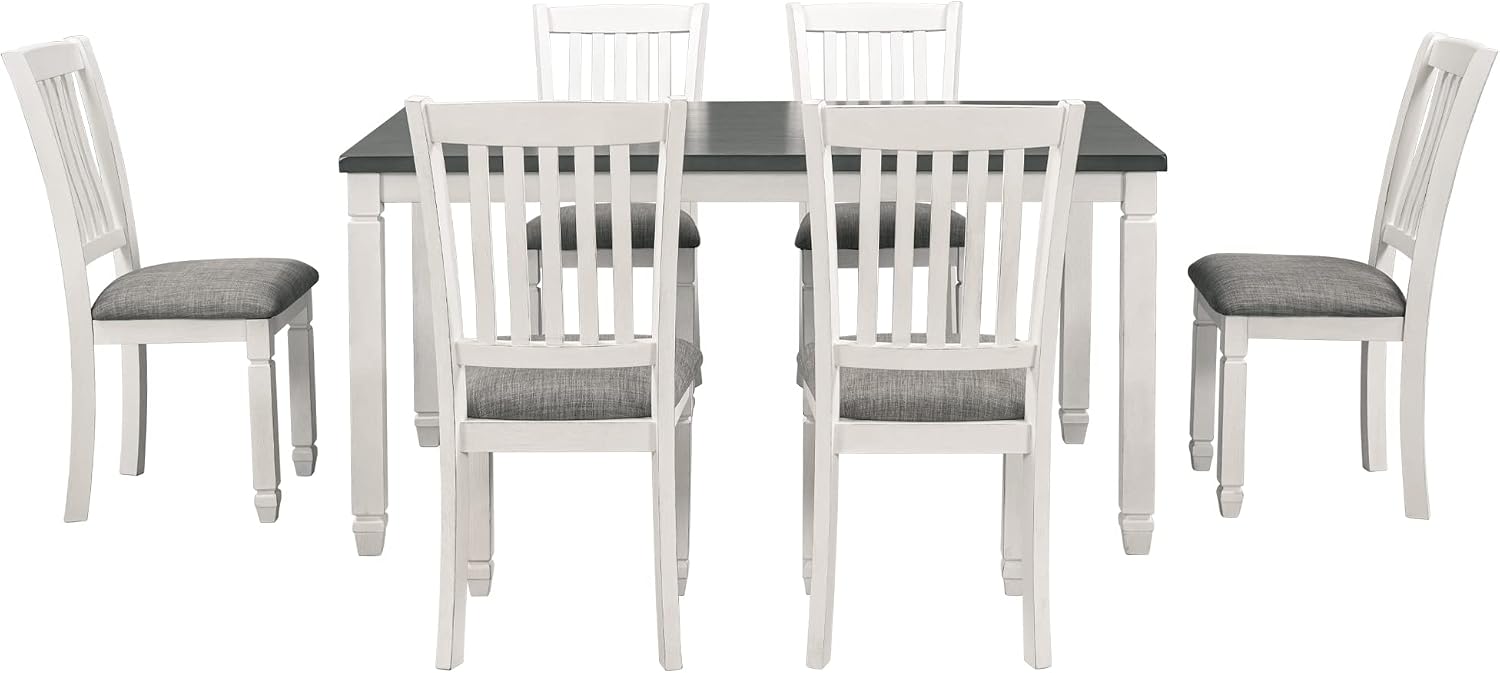 Neoclassical Solid Wood Dining Table Set of 7, Kitchen Dining Room Table Set, 60' Rectangle Dining Room Table with 6 Upholstered Chairs and Shaped Legs, Family Dining Kitchen Set for 6