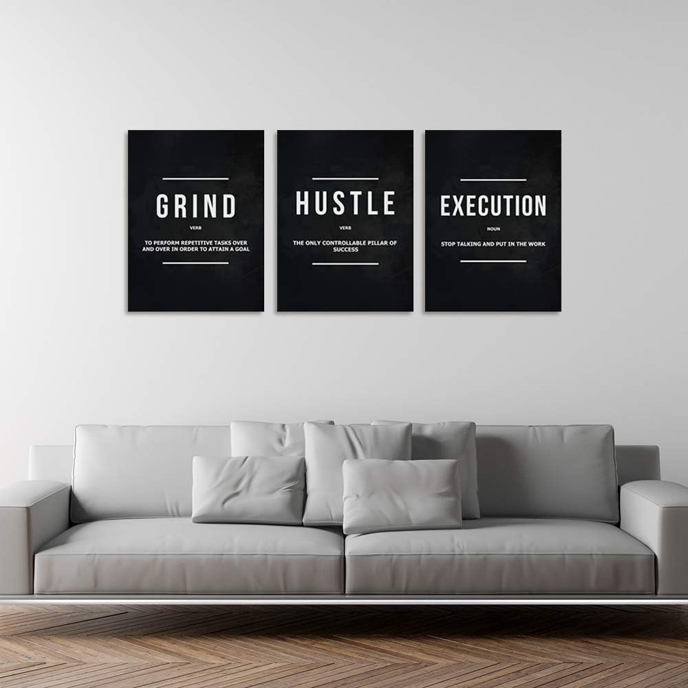 Motivational Office Wall Decor Inspirational Success Canvas Wall Art Hustle Posters Prints Entrepreneur Quote Wall Picture Paintings 3 Pieces Artwork Home Bedroom Framed Easy to Hang(72'Wx36'H)