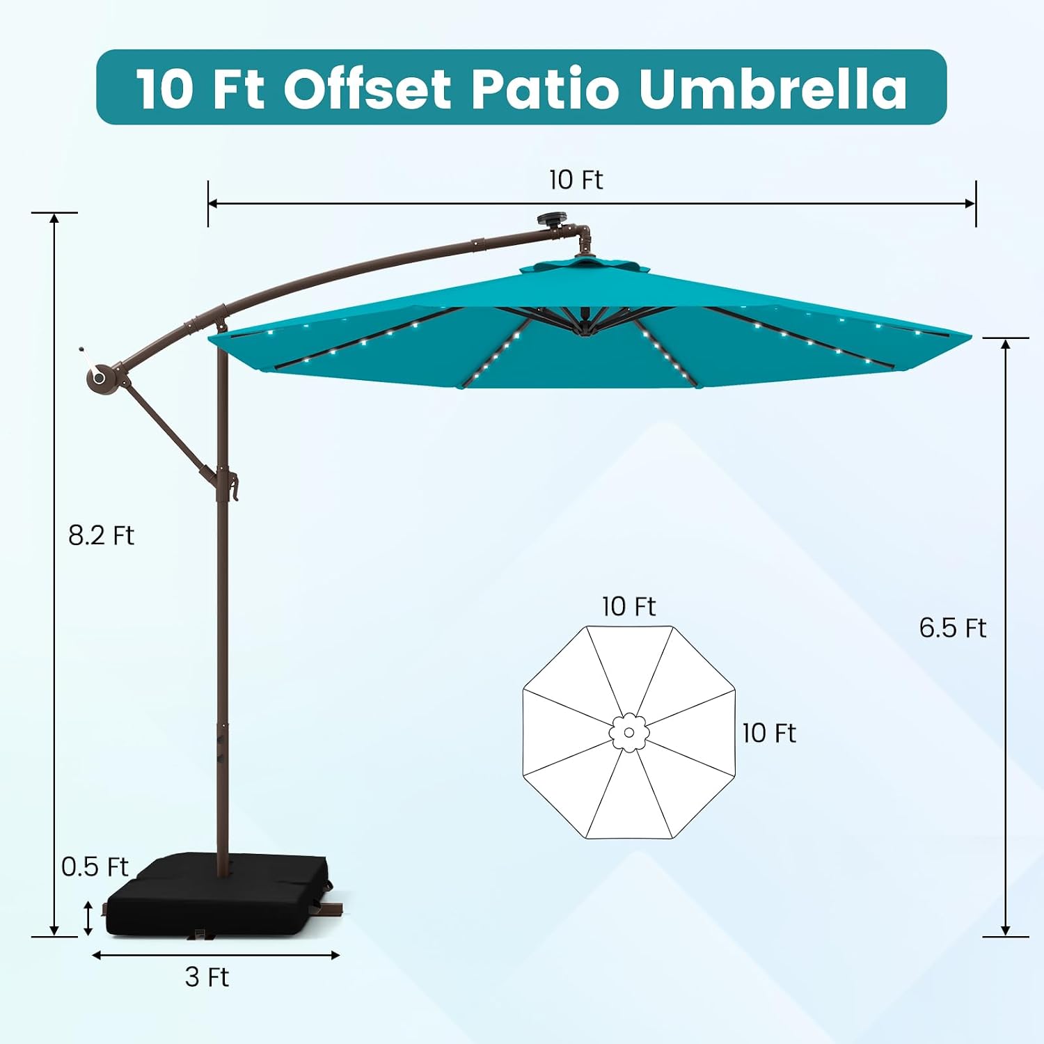 Tangkula 10FT Offset Patio Umbrella with Base Included, Outdoor Cantilever Umbrella with 40 Solar LED Lights, Tilt Adjustment, Crank Handle, Vented Top, Sand Bags for Pool Yard Deck (Turquoise)
