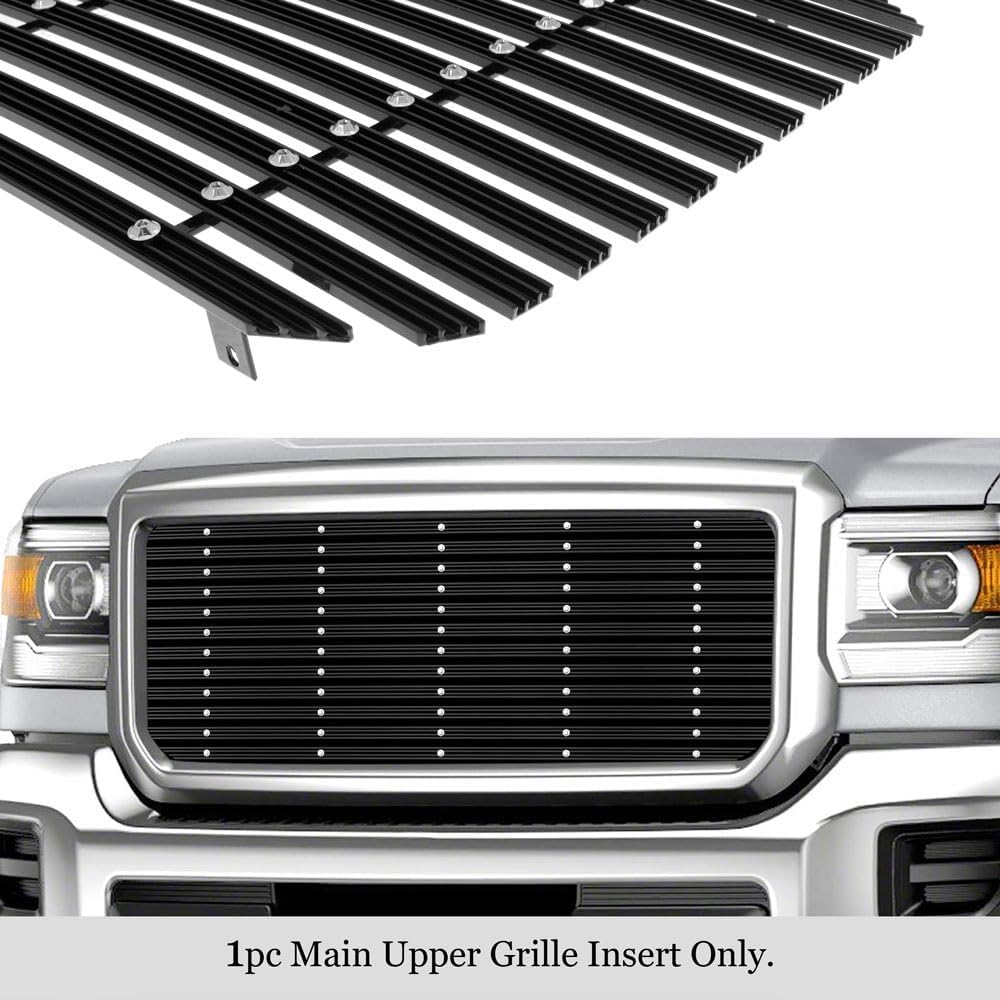 APS Premium Aluminum Black Rivet Studs Wide Billet Grille Grill Insert Compatible with GMC Sierra 2500 3500 2015 2016 2017 2018 2019 Main Upper N19-U52368G