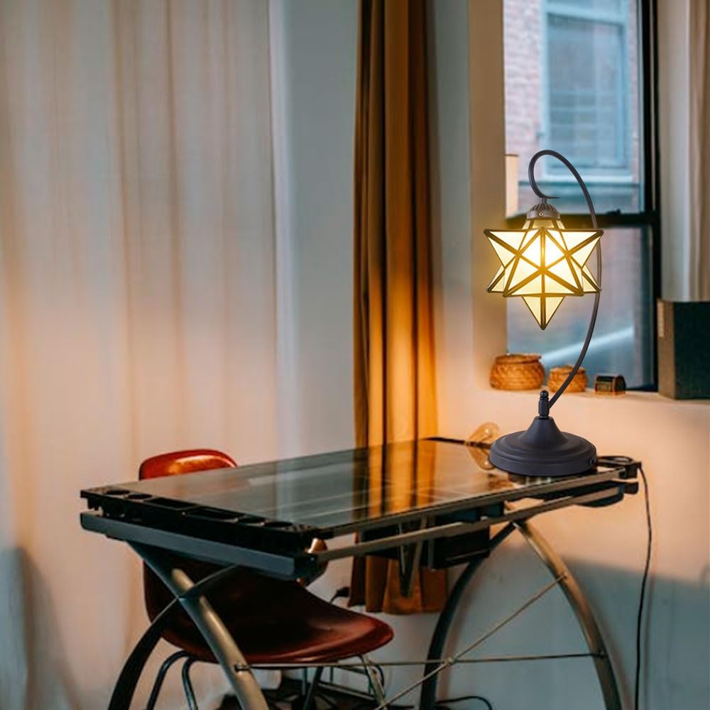 Glass Table Lamp Creative Star Table Light Modern Indoor Desk Light with Plug Bedroom Living Room Hotel Office Table Lamp Bedside Lights Black Metal Base