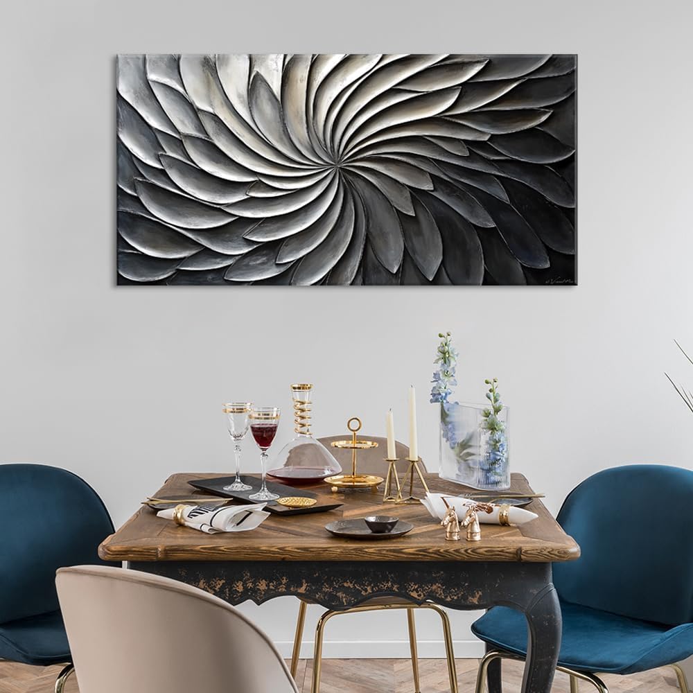 LASMOND Abstract Black and White Wall Art for Living Room Modern Canvas Print Painting Lines Flower Floral Large Artwork Bedroom Home Office Wall Décor (58x28 Inches)