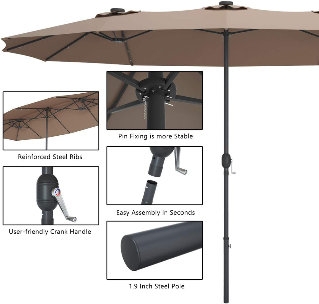Tangkula 15 Ft Double Sided Patio Umbrella with Solar Lights, Extra Large Rectangle Outdoor Umbrella with 36 LED Lights & Crank Handle for Deck, Poolside, Garden, Backyard (Tan)