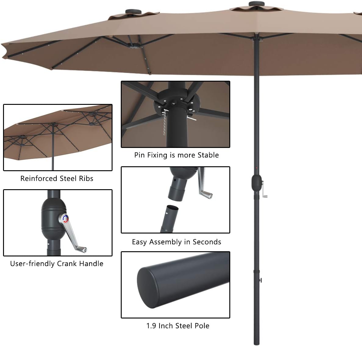 Tangkula 15 Ft Double Sided Patio Umbrella with Solar Lights, Extra Large Rectangle Outdoor Umbrella with 36 LED Lights & Crank Handle for Deck, Poolside, Garden, Backyard (Tan)