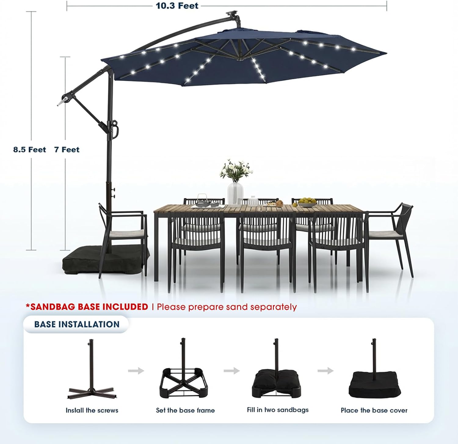 wikiwiki 10ft Solar LED Patio Umbrella with Base Included, Offset Umbrella with Weighted Sandbag Base, Cantilever Patio Umbrella for Backyard, Garden & Deck, 32 LED Lights & Polyester Shade, Navy Blue