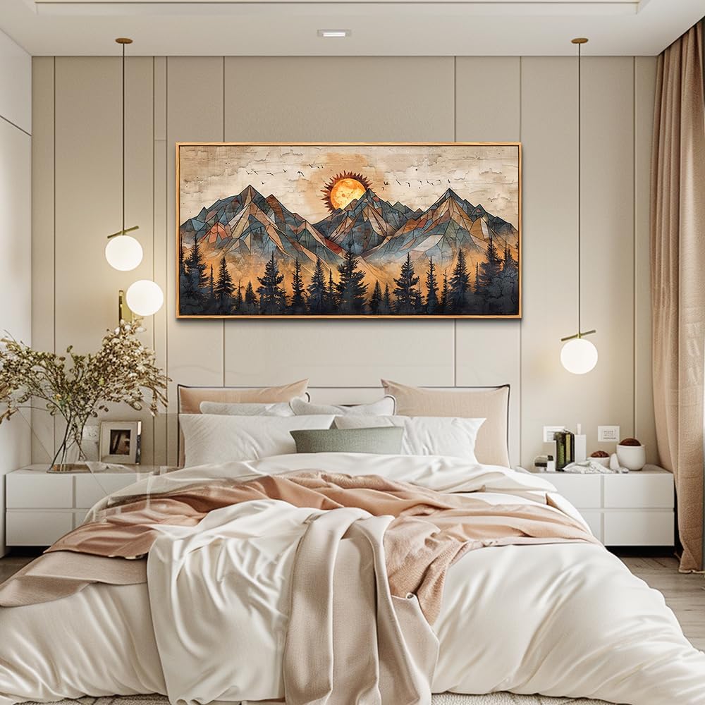 ZUITINGHUA Boho Wall Art For Living Room Large Canvas Wall Decor For Bedroom Office Decorations Abstract Wall Paintings Mountain Landscape Pictures Modern Home Mural Artwork Wood Framed 24x48 In