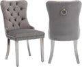 2 Piece Contemporary Velvet Upholstered Dining Chair with Chrome Stainless Steel Plating Legs, Nail Head Decro, Armless Tufted Dining Chair Fabric Dining Room Chair (Gray&Silver, Set of 2)