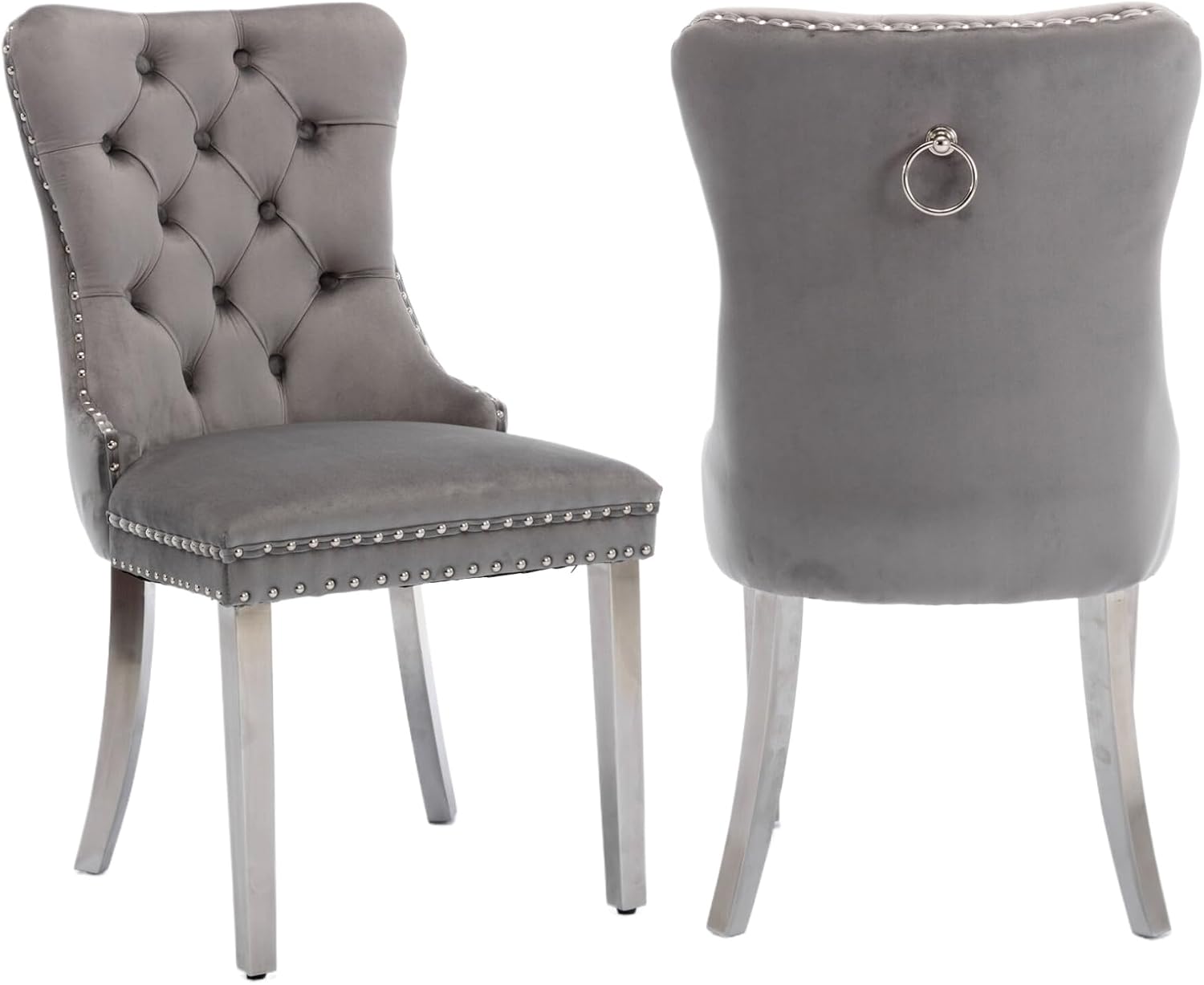 2 Piece Contemporary Velvet Upholstered Dining Chair with Chrome Stainless Steel Plating Legs, Nail Head Decro, Armless Tufted Dining Chair Fabric Dining Room Chair (Gray&Silver, Set of 2)
