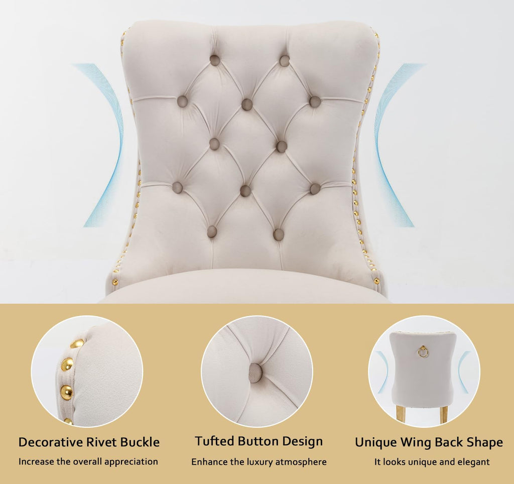 2 Piece Contemporary Velvet Upholstered Dining Chair with Chrome Stainless Steel Plating Legs, Nail Head Decro, Armless Tufted Dining Chair Fabric Dining Room Chair (Beige&Gold, Set of 2)
