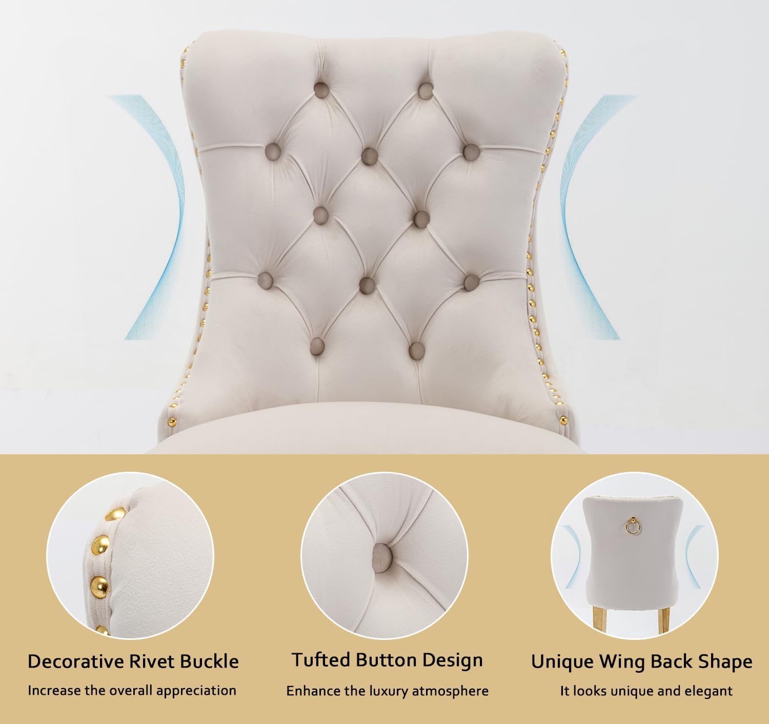 2 Piece Contemporary Velvet Upholstered Dining Chair with Chrome Stainless Steel Plating Legs, Nail Head Decro, Armless Tufted Dining Chair Fabric Dining Room Chair (Beige&Gold, Set of 2)