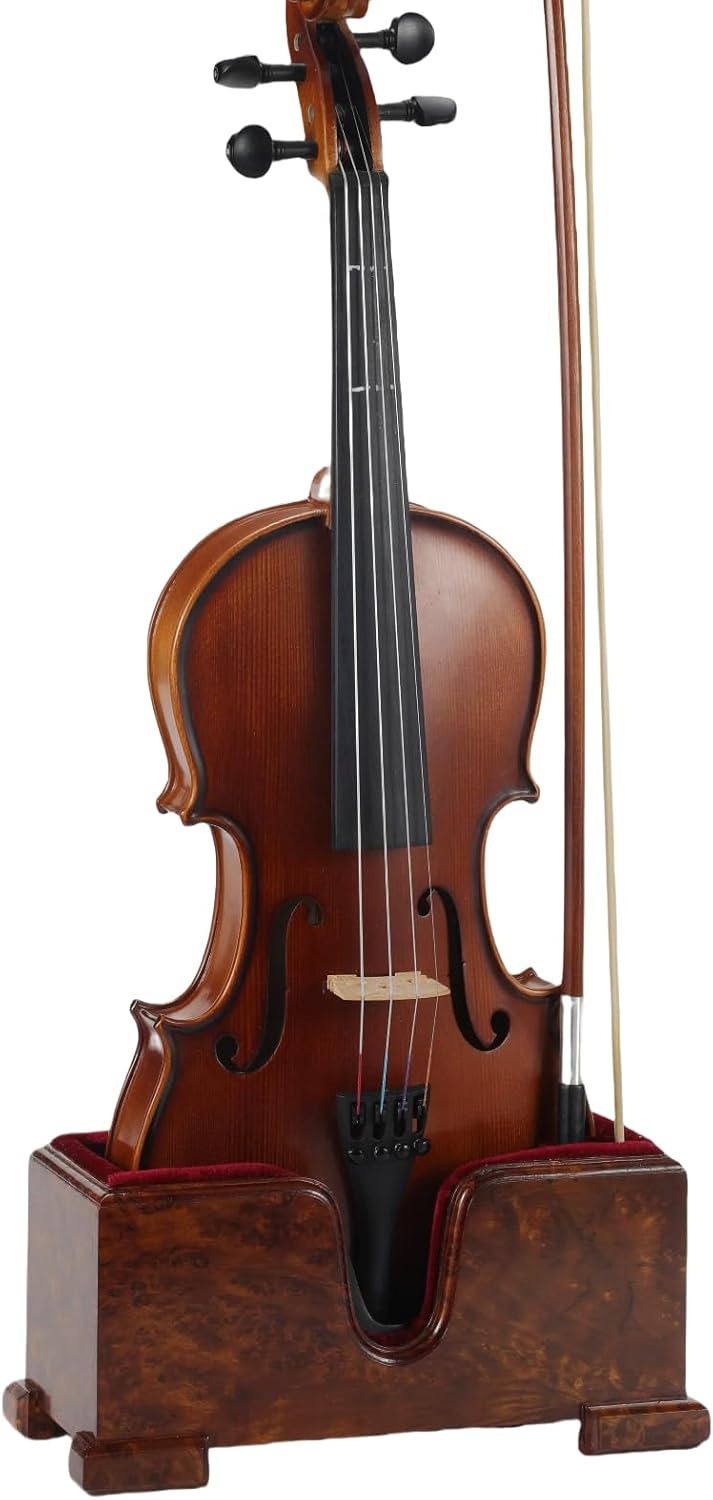 Violin and Bow Holder (Stand), Wooden Violin Holder Floor Display with Velvet Protection, Stable and Classy Aesthetic (Burl Wood + Red Velvet)