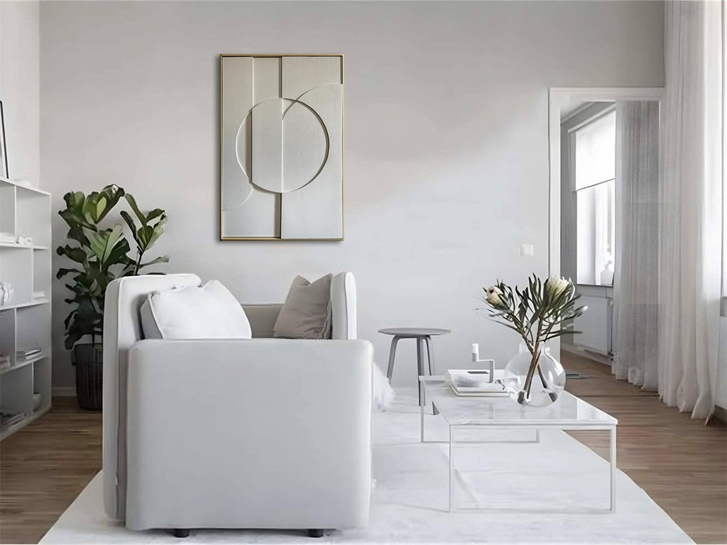 Slyart White Textured Wall Art, Handmade Abstract Plaster Wall Art Framed Artwork, 3D Minimalist White Relief Verical Painting