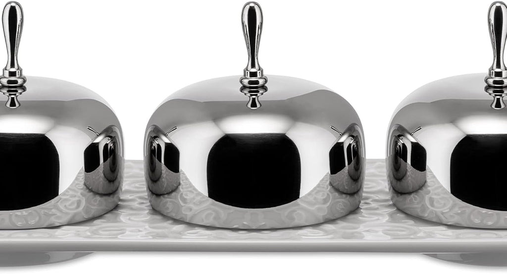 Alessi 'Dressed' Three-Section Jam Tray in Porcelain With Lids in 18/10 Stainless Steel Mirror Polished, White