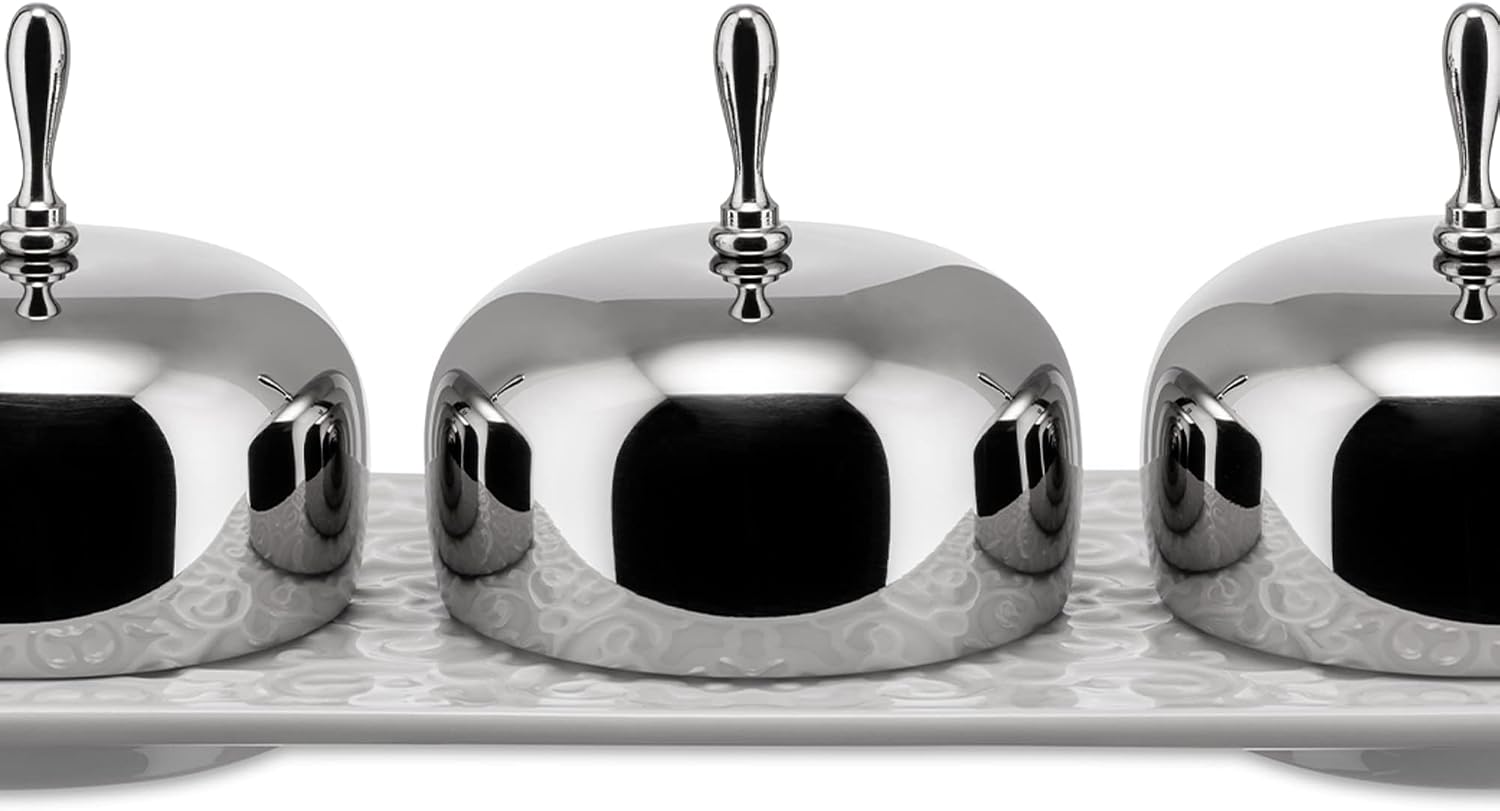 Alessi 'Dressed' Three-Section Jam Tray in Porcelain With Lids in 18/10 Stainless Steel Mirror Polished, White