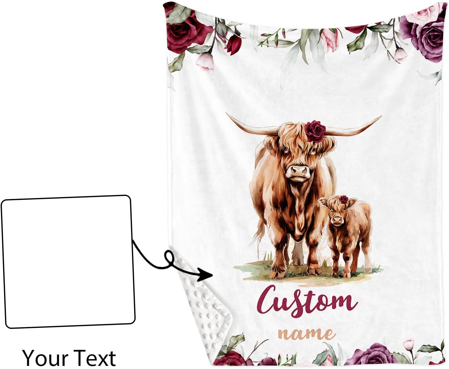 Personalized Nursery Crib Bedding Set: Custom Name 5 Piece Baby Crib Sets with Rose Highland Cow Pattern - Toddler Double Layer Blanket Set, Comfortable Crib Bed Sheets for Baby Grils