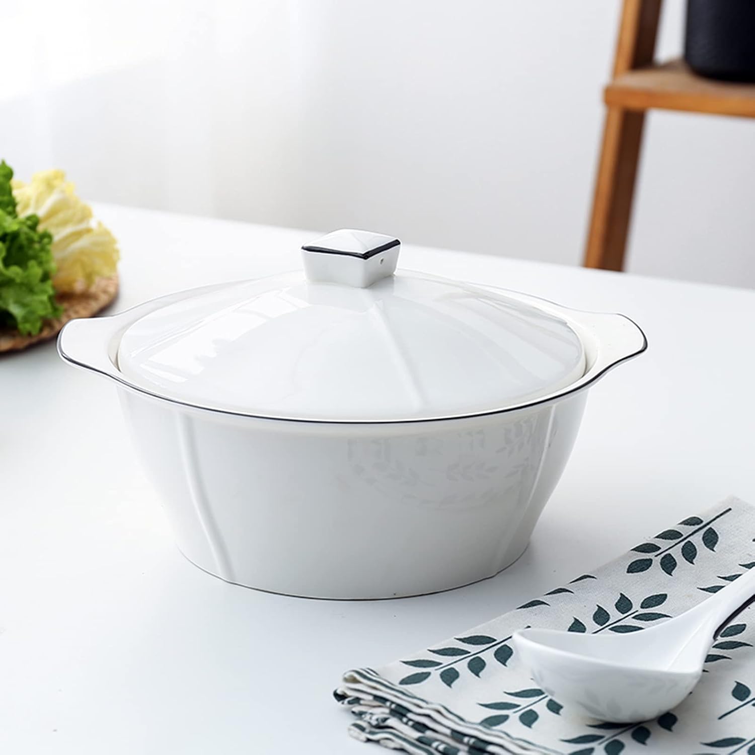 Japanese Style Tableware Household 10 Inch Ceramic Bowls Anti-scalding Binaural Soup Bowl With Lid 2500ML Large Capacity Ramen Bowls - White (Size : 25.4 * 15cm)